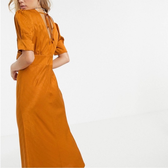 Moon River Burnt Orange Copper Midi Dress | Puff Sleeves Tie Back Size Large - Picture 2 of 8